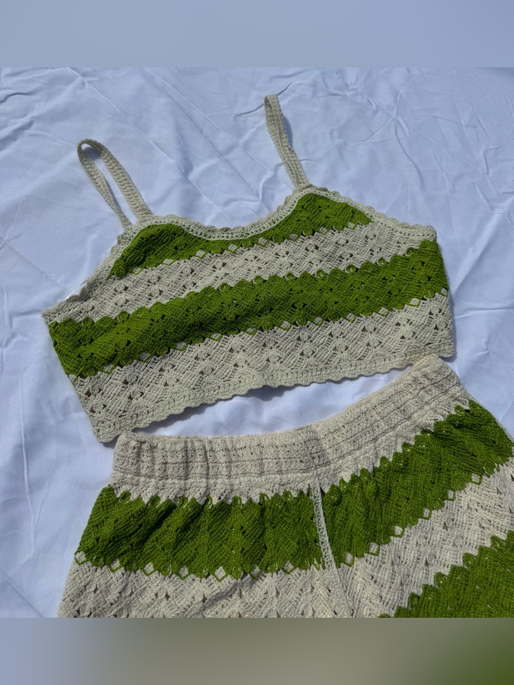 Rebellion Again M Crochet Knit Two Pc Set Green Cream Boho Festival Lounge NWOT - Picture 4 of 8